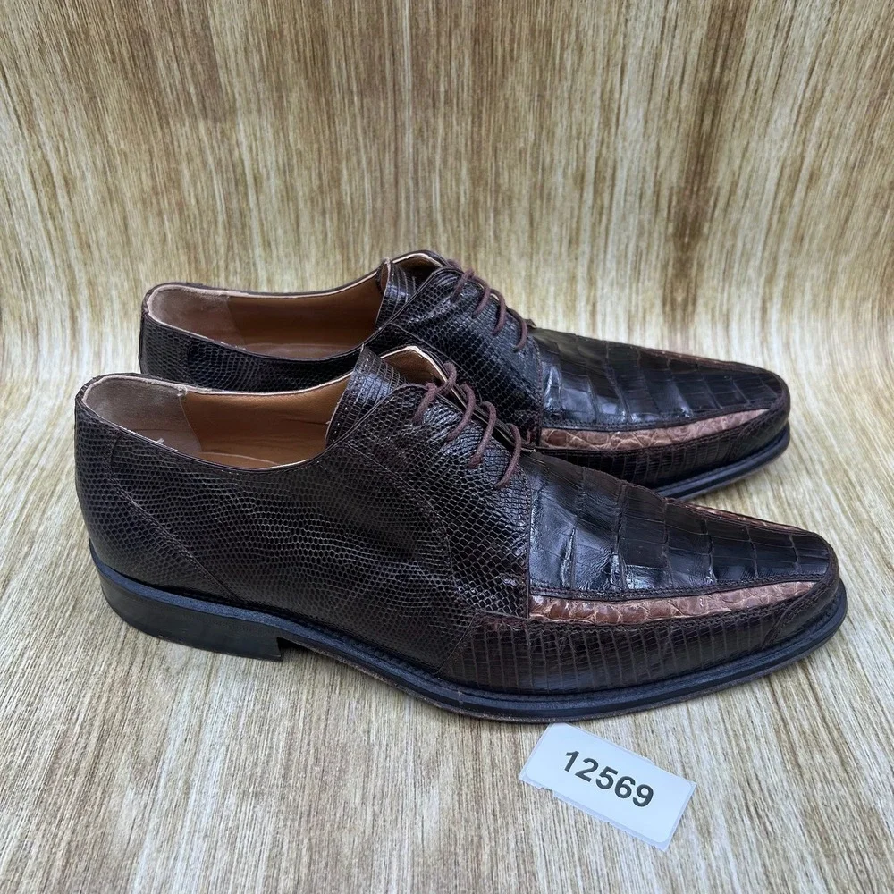 Slick Exotica Oxford Dress Shoes Men's Size 8 Brown Crocodile Lizard Skin Italy